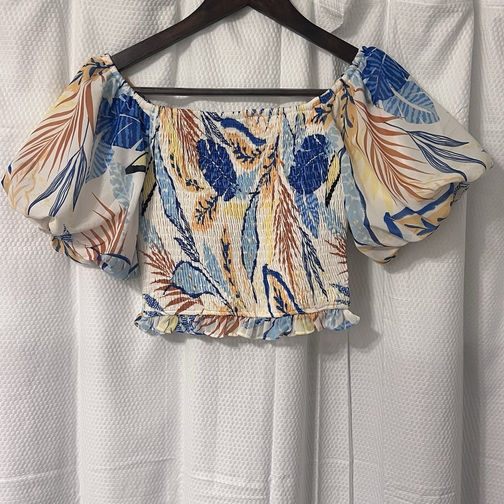 Flying Tomato Blue White Yellow Botanical Smocked Crop Top